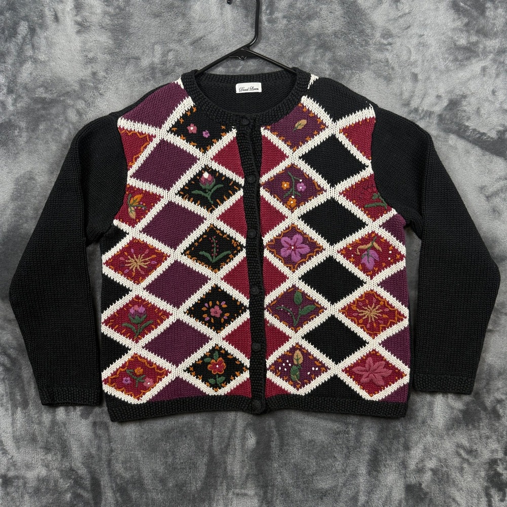 David Loren Cardigan Sweater Womens Medium Black Floral Argyle Embroidered Knit